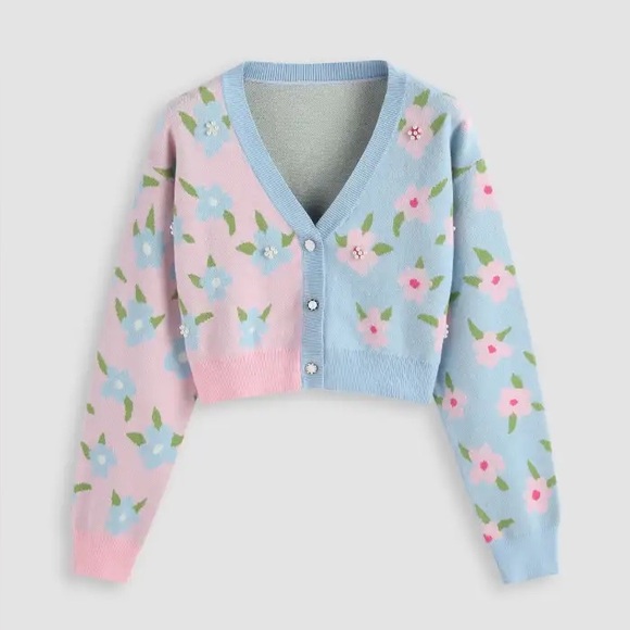 Cider Sweaters - NEW Cider Two Tone Button Up Floral Faux Pearl Crop Cardigan